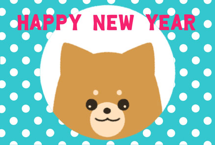 ブルーの水玉が横型可愛い犬の戌年年賀状【HAPPY NEW YEAR】
