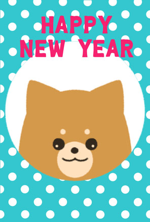 可愛い犬の戌年年賀状ブルーの水玉が横型【HAPPY NEW YEAR】縦型デザイン